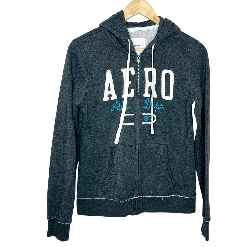 Aeropostale Full Zip Logo Hoodie Gray Womens L Fleece Sweatshirt Y2K Style - Picture 1 of 10
